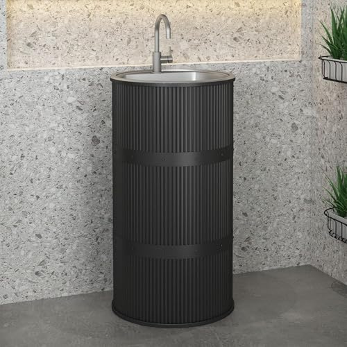 Lavello a colonna moderno in ferro battuto con lavabo in acciaio inox, set indipendente con rubinetto e scarico (senza contenitore, nero)