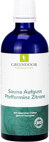 GREENDOOR Sauna-Aufguss Natur Pfefferminz Zitrone 100ml, ergiebiges Konzentrat mit Bio Alkohol + reinen natürlichen ätherischen Ölen, Saunaduft für Ihre Auszeit, Sauna-Aufgüsse ohne Zusätze