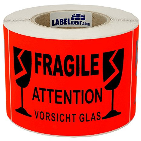 Warnetiketten 210 x 148 mm - Paket AufkleberFragile - Attention - Vorsicht Glas - 500 Vorsicht Glas Aufkleber auf 1 Rolle(n), 40 mm Kern, Papier selbstklebend