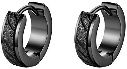 JewelryWe Schmuck Creolen Ohrringe Edelstahl Sandgestrahlt Streifen Huggie Hoop Klappcreolen Ohrschmuck Ohrstecker für Herren Damen, Schwarz Gold Silber