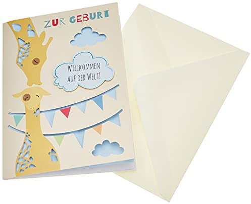 Perleberg Karte zur Geburt in 11,6 x 16,6 cm - Hochwertiges Geschenk zur Geburt für Mädchen & Junge - Geburtstagskarte mit Giraffen-Motiv - Geburtskarte mit Umschlag - Glückwunschkarte