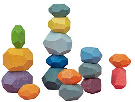 16 Balancing Wooden Blocks Stocking Stuffers for Toddlers Montessori Multicolored Stacking Stones Building Sensory Fun Educational Toy Motor Skills, Learning, Color and Shape Recognition, pyramid toy