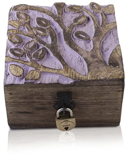 Tolles Geburtstagsgeschenk handgefertigte dekorative hölzerne Schmuckschatulle mit Baum des Lebens Carving & Lock & Key Schmuck Organizer Aufbewahrungskasten Treasure Brust Schmuckhalter (Violet)