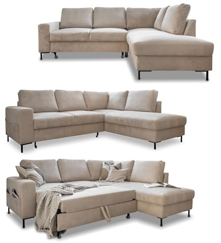 MIUFORM Ecksofa mit Schlaffunktion, Lofty Lilly Wohnlandschaft L-Form, Couch L Form Wohnladschaft mit Schlaffunktion Schlafcouch, Sofa Cord Metallfüße (Beige, Rechts ausgerichtet)