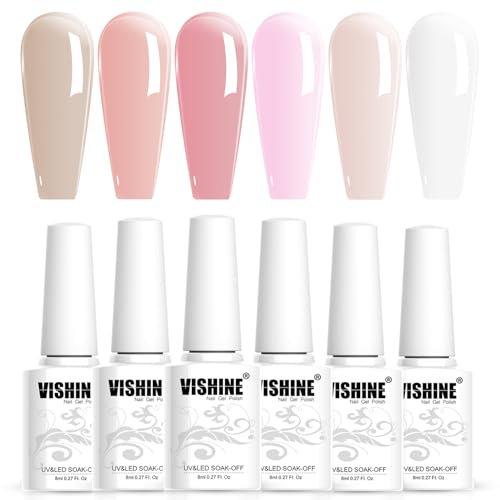Vishine Neutral Jelly Nail Polish - Nude Pink, Milky White, Sheer Crystal, Transparent Gel Varnish - Manicure Collection, Nail Art Gel - 6pcs, 8ml