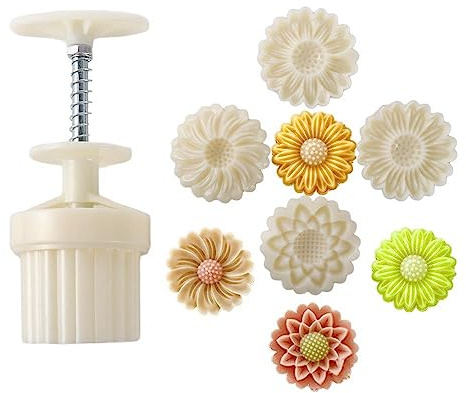 Mooncake Press Molds,Daisy Shape Cookie Stamp Mooncake Mold Set Flower Moon Cake Mold with 4 Pcs Stamps
