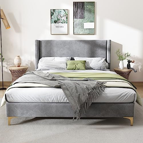 Daesar Polsterbett 140x200, Doppelbett Bettgestell mit Lattenrost und Kopfteil, Modern Bett Grau Samt für Erwachsene Jugendliche