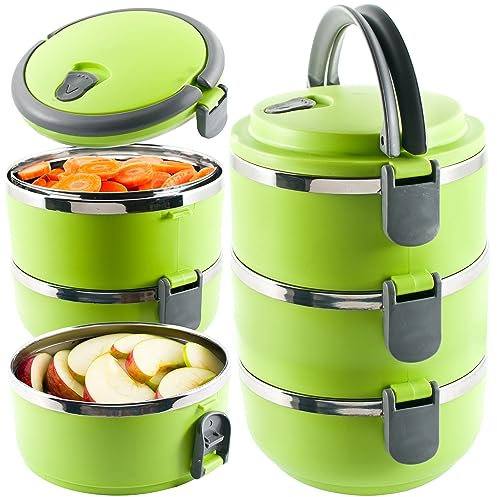 Retoo Thermo-Lunchbox Tragbarer Behälter Lebensmittelbehälter aus Edelstahl, 3 Schicht Lunchbehälter Isolierter Speisebehälter Stapelbare Auslaufsicher Lunch Box Grün
