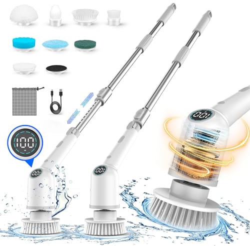 Electric Spin Scrubber, 9 in 1 Cordless Power Shower Scrubber Cleaning Brushes with Long Handle & 8 Replaceable Heads, Shower Cleaner Brush with 3 Adjustable Speeds for Grout Bathroom Glass Tub Floor