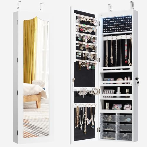 HOMASIS Armadietto Portagioie da Parete, Specchio Portagioie con LED e Specchio a Figura Intera, 6 Cassetti, Porta gioie da Parete con Serratura, per Anelli, Collane, 36,5 x 11,5 x 120 cm (Bianco)