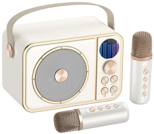 Machine de Karaoké avec 2 Micro sans Fil, Haut-Parleur Bluetooth Portable, Dispose 7 Effets Sonores, pour Fête et Voyage-Blanc