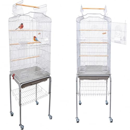 BAKAJI Jaula pajarera para pájaros, Loros inseparables, cacatúas, periquitos volátiles, Pedestal y Ruedas, Techo abrible y comederos, Perchas de Madera, Bandeja extraíble (Gris)