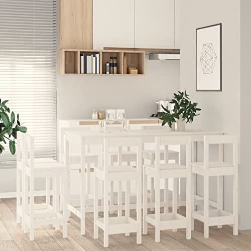 ZEYUAN 9-TLG. Bar-Set, Bartisch Mit Barhocker Set, Hochtisch Mit Stühlen Set, Küchentheke Mit Hocker, Esstisch Mit Stühlen, Weiß Massivholz Kiefer