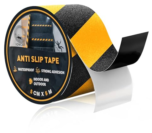 Anti Slip Tape for Steps, Hazard Warning Tape Yellow and Black, 5 CM x 5 M | Cauction Grip Tape for Steps Outdoor and Indoor, Non Slip Safety Hazard Tape Stair Treads, High Traction, Strong Adhesive