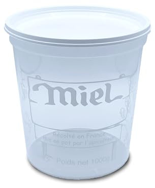 Générique Lot de 10 Pots en Plastique avec Couvercles de 1kg, Nicot impression 1 Couleur (PEP), Pots pour Conditionner le Miel ou autre utilisation Alimentaire, Prêts à l’emploi. FABRIQUER EN FRANCE