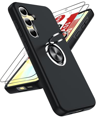 LeYi for Samsung Galaxy S24 FE Phone Case with 2 Tempered Screen Protector | Invisible Metal Ring Stand Holder Shockproof Protective Phone Cover for Samsung Galaxy S24FE 5G - Black