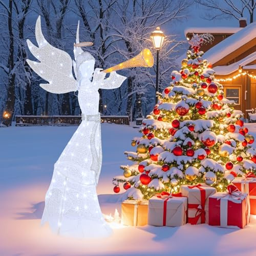 COSTWAY Weihnachtsengel beleuchtet groß, Weihnachtsdeko mit 100 LED-Lichtern, Weihnachtsfigur mit Trompete, Weihnachtsdekoration, Weihnachtsbeleuchtung für außen und innen