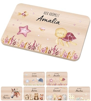 Bärenfreunde - Individuelles Holzbrett mit hochwertigem Spezial-Druck für Kinder - Personalisiertes Frühstücksbrettchen - Niedliche Motiv-Brettchen mit Namen (Schildkröte rosa)
