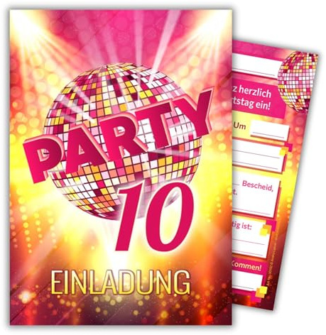 JuNa-Experten 12 Einladungskarten zum 10. Kindergeburtstag Mädchen Disco VIP coole Einladungen zehnte Geburtstag Mädchengeburtstag