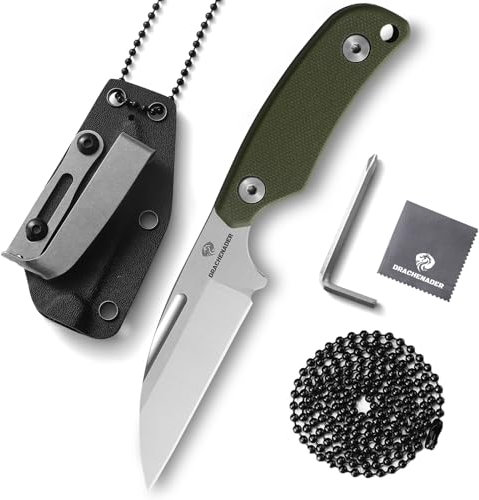 DRACHENADER Schafsfuß Neck Knife Messer mit D2 Stahl Necklace und clip, 5.82“ Full Tang Feststehendes Messer (Klinge Silber + G10 Griff Grün, S2- Grüner Griff)