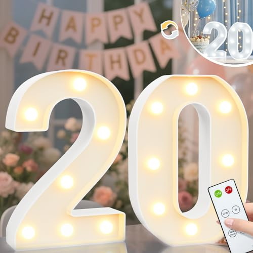 Light Up Numbers Birthday Decorations, Marquee Number Lights Sign with Remote, Lighted Numbers for 20th Birthday Wedding Anniversary Party Backdrop Wall Decor, Cool White and Warm White Number 20
