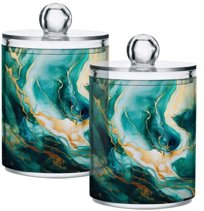 Mnsruu 2 Pack Qtip Holder Dispenser Turquoise Marble Bathroom Canister Storage Jars Clear Makeup Organizer Cotton Ball Pads Swabs Floss Containers