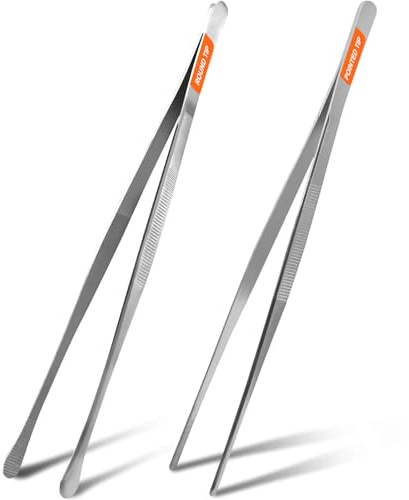 2Pcs 12-inch Kitchen Tweezers for Cooking, Kitchen Tweezer Tongs, Fine Stainless Steel Cooking Utensils Set for Steak, Salad, Pasta, Bacon, Sausage, BBQ, Toast, Aquarium, Silver, Achiwish