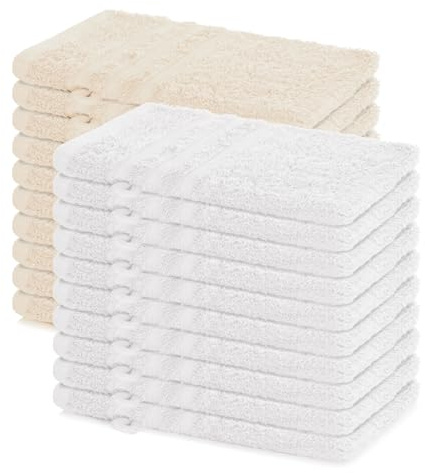 Lavea® Juego de 20 Guantes de Baño 15x21 cm de Rizo 100% Algodón - Suaves y Absorbentes – Manopla de Baño con Gancho para Casa, Hotel y SPA - Blanco y Blanco Crema