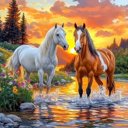 KEYIFA Pferde Diamond Painting Zubehör, 5D Crystal Art Foto Bastelset Diamond Painting Erwachsene, DIY Vollbohrer Bilder Diamond Painting Set, Home Wand Dekor 30x30cm