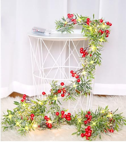 Ghirlanda Natalizia con Luci,1,8 Metri con 20 Luci LED, Bacche Rosse e Foglie Verdi，Ghirlande Natalizia per Decorare il Soggiorno，Ghirlanda Natalizia per Porta (Style 1)
