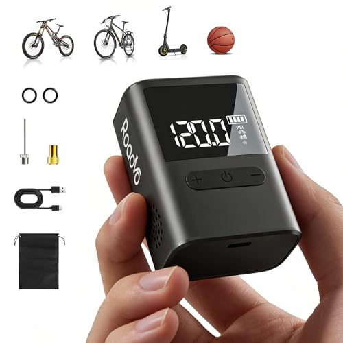 Roadvo Mini Bicycle Pump 120PSI,Portable Electric Bike Pump with Digital Gauge,Tiny Air Pump with Presta and Schrader Valve Adapter, Bicycle Accessory for Road Bike,Mountain,City, E-Bike