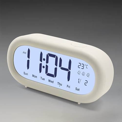 Lafocuse Digitale Wecker LCD Display, Batteriebetrieben Tischuhr mit Nachtlicht, Snooze, Temperaturanzeige, Datum, 3 Alarme, 12/24HR für Nachttisch Desktop Schlafzimmer Wohnzimmer Kinder, Weiß