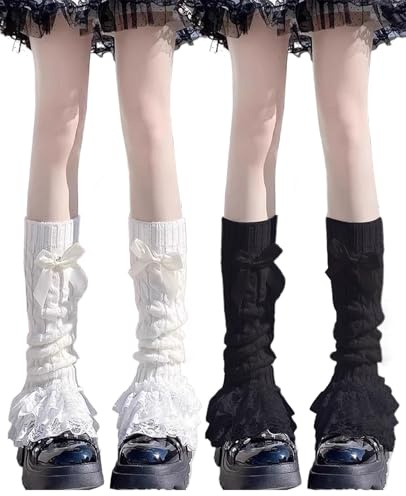 ALONK 2 Stück Leg Warmers Y2K, Kniehohe Beinwärmer mit Schleife & Spitzenrand, Damen Stulpen & Langer Beinwärmer für Lolita Kostüm, Party & Y2K-Fashion