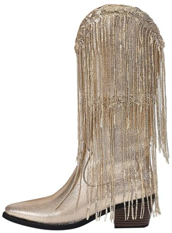 MJGkhiy Botas de mujer Texani Cowboy Western Camperos Botas con Flecos Botines Altos con Tacón de Bloqueo Zapatos Boots de Invierno Cálido Cuero Botín de Punta Marrones Negros, dorado, 37 EU