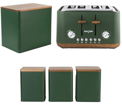 Salter Toronto Green Kitchen Set – 4-Slice Toaster with 6 Browning Levels & Wide Slots, Large Bread Bin for Loaves & Pastries & 3-Piece Tea, Coffee & Sugar Canister Set with FSC® Wooden Lids | Matt Green Powder-Coated Finish, Acacia Wood Lids, Wide Slots, 6 Browning Levels, Defrost Reheat Cancel, Removable Crumb Tray