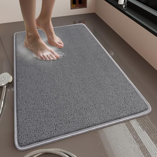 Muecleao Duschmatte rutschfest mit verstärkten Kanten & Aufhängebändern–Schnelltrocknende, schimmelresistente Badezimmer Matte aus weichem PVC(Grau,80x50cm (Rechteckig))