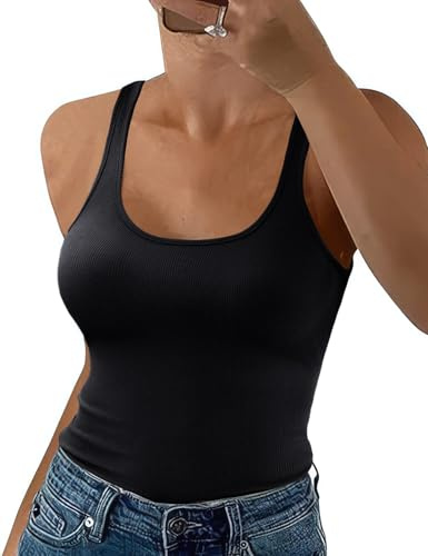 Niwicee Debardeur Femmes Débardeur À Larges Bretelles Slim Fit Tank Top sans Manches Extensibles Côtelées Top Basiques Chemise pour Le Sport, Le Yoga, La Gym Et Les Sorties (Noir, L)