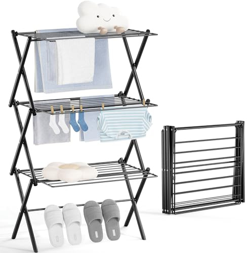 KINGBOARD Klappbarer Wäscheständer Schwarz - 3-Etagen Faltbarer Wäschetrockner aus Stahl mit 10m Trockenlänge, 15kg Tragkraft, 24 Stangen, platzsparend für Balkon, Garten & Innenraum, Schwarz