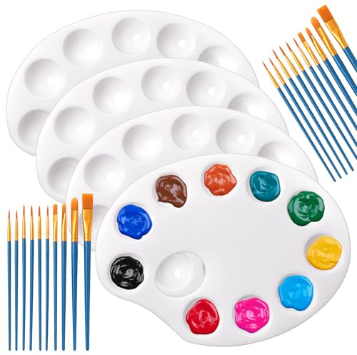 4 Piezas Paleta Pintura, Paleta De Mezcla con Agarre De Pulgar Y 20 Pinceles, Paletas Pintura, Paletas Acuarela con 10 Campos de Mezcla, para Acuarela, Óleo y Acrílico