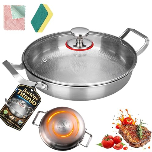 Genérico Sarten de Titanio sin Revestimiento, 2026 Premium Titanium Pro 26/28/30/32 cm, Sartén de Titanio Robusta sin Revestimiento con Mango Ergonómico (Con Tapa, 26 cm)
