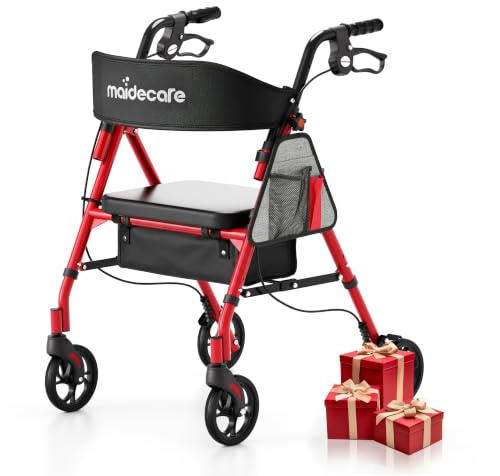 Maidecare Rollator Walker with Seat and Wheels for Elderly, 4 Wheels Rollators for Seniors and Disabled, Walking Aid Height-Adjustable Seat and Handle, Indoor Rollator, with Brake, Basket, Red