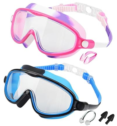 Barnsimglasögon,Anti-Dim UV-Skydd Bred Sikt Simmask - Med Näsklämma Och Öronproppar Justerbar Rem Läckagefria Pojksimglasögon | För Åldrar 3-14, Pojkar Och Flickor, Inomhus, Sjö,