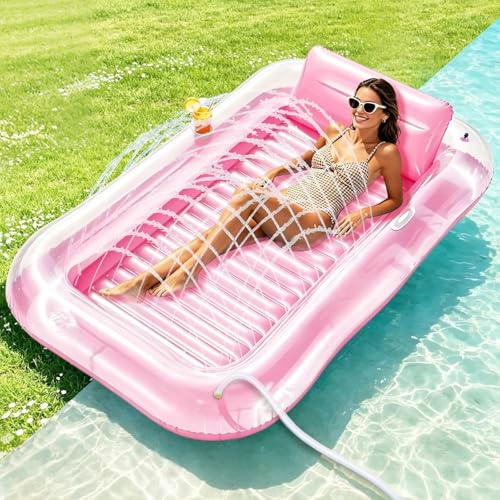 Flotteur de Piscine, Hamaca de Agua Colchón de Aire, Flotador Inflable de Bronceado, Colchoneta Piscina Adultos con Almohad, Portavasos, Flotadores Piscinas Adultos para Verano Piscina Playa (R)