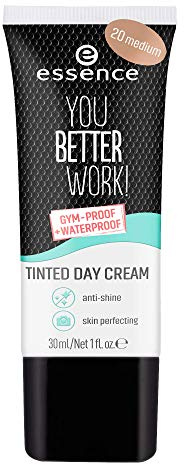 essence cosmetics YOU BETTER WORK! TINTED DAY CREAM, Make Up, Foundation, Nr. 20 medium, nude, pflegend, UVA, UVB filter, mattierend, natürlich, matt, vegan, ölfrei, mit Sonnenschutzfaktor, mit LSF (30ml)