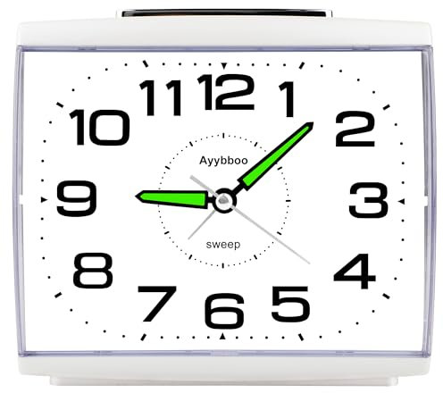 Ayybboo Alarm Clocks Bedside Battery Powered Analogue, Analogue Alarm Clock No Ticking Silent with Nightlight Snooze, Alarm Clocks Bedside Large Size (White)