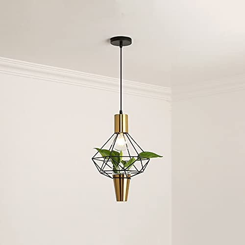 GUOGUOSM Northern Europe Single Head E27 Chandelier Diamond Shape Wrought Iron Lamp Stand Macaron Industrial Pendant Lights Vintage Hanging Lamp Ceiling Pendant Lamp Fixture With Green Plant Flowerpot