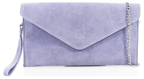 LE11 Genuine Italian Suede Leather Envelope Clutch Bags Party Wedding Purse Handbag Cross Body Bag (Lilac)