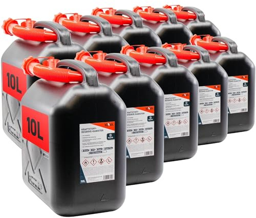 KOVA 10x Benzinkanister 10L SCHWARZ Kunststoff Dieselkanister Reservekanister Kraftstoffkanister 10 Liter Wasserkanister für Benzin Diesel Wasser AdBlue 10-Liter-Kanister & Außgießer 10 ltr Petrol Can
