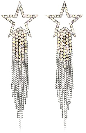 EVER FAITH Star Tassel Earrings for Women Girls, Crystal Long Waterfall Beaded Fringe Holiday Chandelier Dangle Drop Statement Earring Costume Jewellery Iridescent AB Silver-Tone