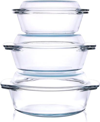 Tempered Glass Casserole - Oven And Microwave Safe Serving Bowl With Glass Flat Lid, Set of 3, Transparent